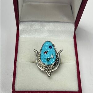 Turquoise Silver Zuni Ring Marked Sz 7.25